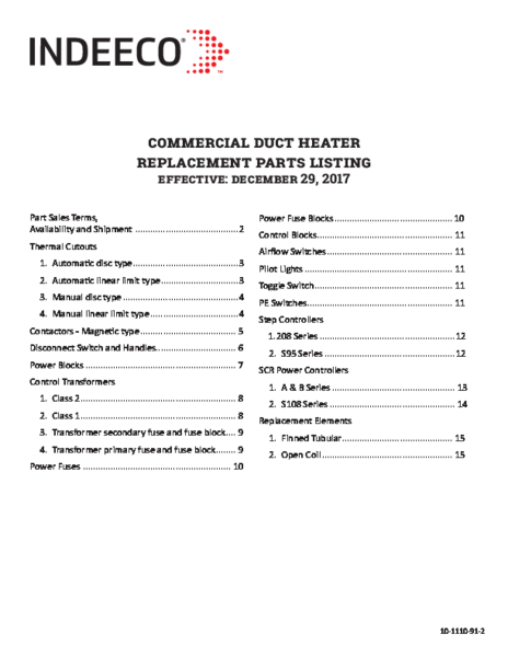 Duct Heater Parts List